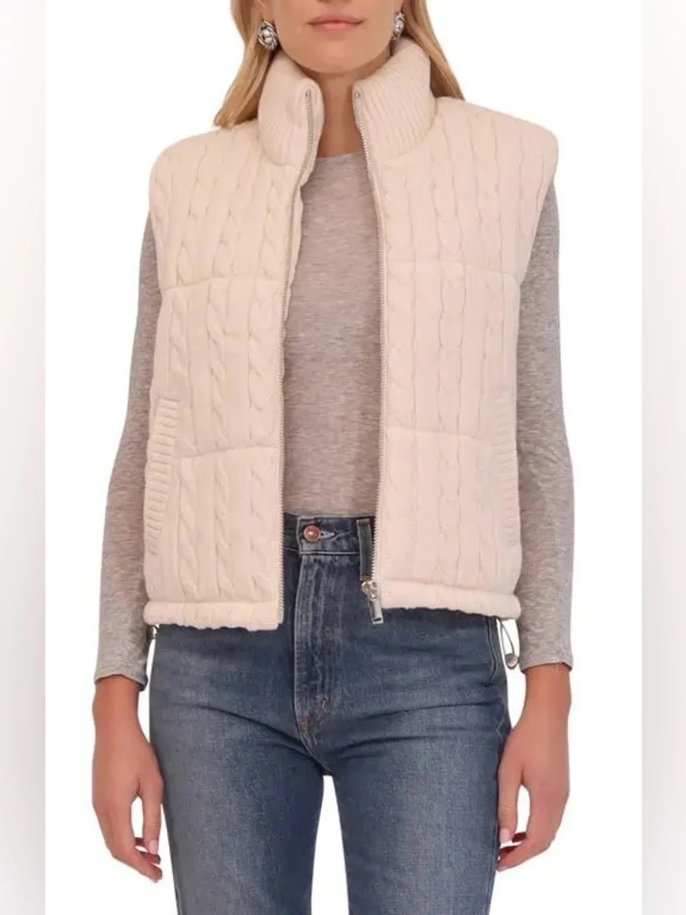BAGATELLE Cable Stitch Puffer Vest in cream size small